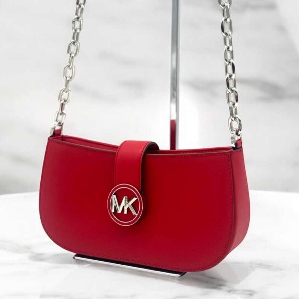 Michael Kors Carmen Small Pouchette Crossbody Bag Red/Silver